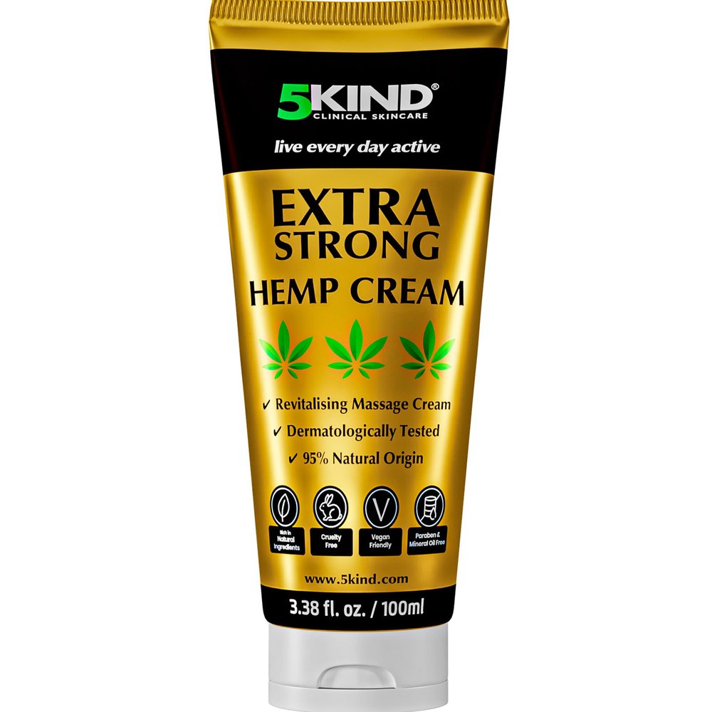 5kind Extra Strong Hemp Cream 100ml - High Strength Hemp Oil and Arinca Cream for Massaging Joints & Muscles, Lower Back, Feet, Knees, Neck & Shoulders - Infused with Natural Oils & Extracts
