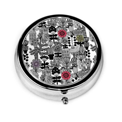 Pill Box Black White Flower Pill Case for Purse Cute Small Travel Round Pill Organizer