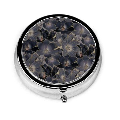 Pill Box Vintage Navy Blue & Smoky Gray Floral Pill Case for Purse Cute Small Travel Round Pill Organizer