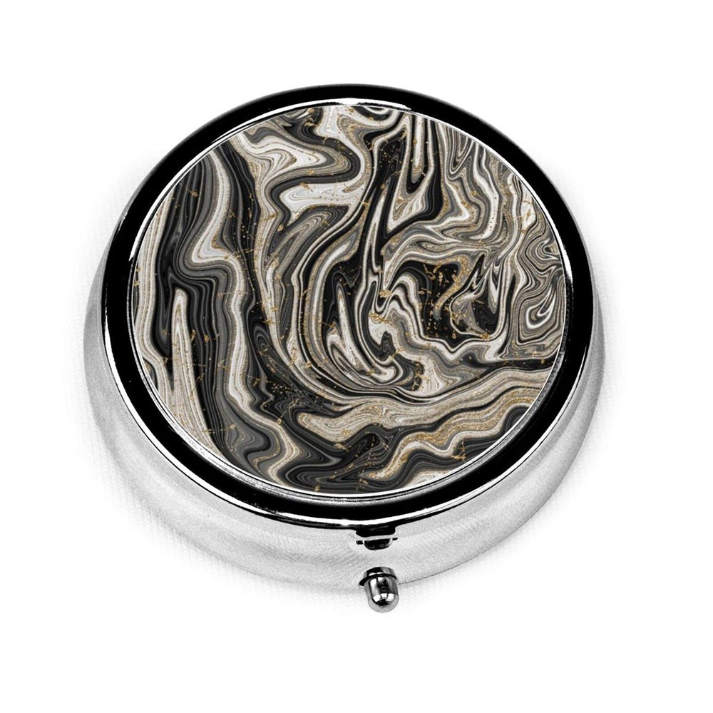 Pill Box Black White & Gold Chic Swirl Modern Abstract Pill Case for Purse Cute Small Travel Round Pill Organizer