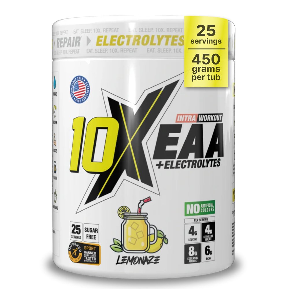 10X Athletic Full Essential Amino Acids Blend with Electrolytes, Sugar Free EAA Powder for Energy, Endurance, Hydration and Recover, 25 Servings, 450 g Various Flavours (Lemonaze)