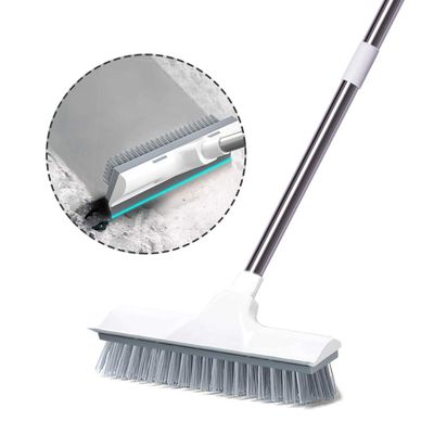 2 in 1 Floor Scrubbing Brush with Long Handle, Heavy Duty Stiff Bristle with Squeegee Shower Cleaning Scrub Brush for Cleaning Kitchen, Bathroom, Patio, Wall and Deck