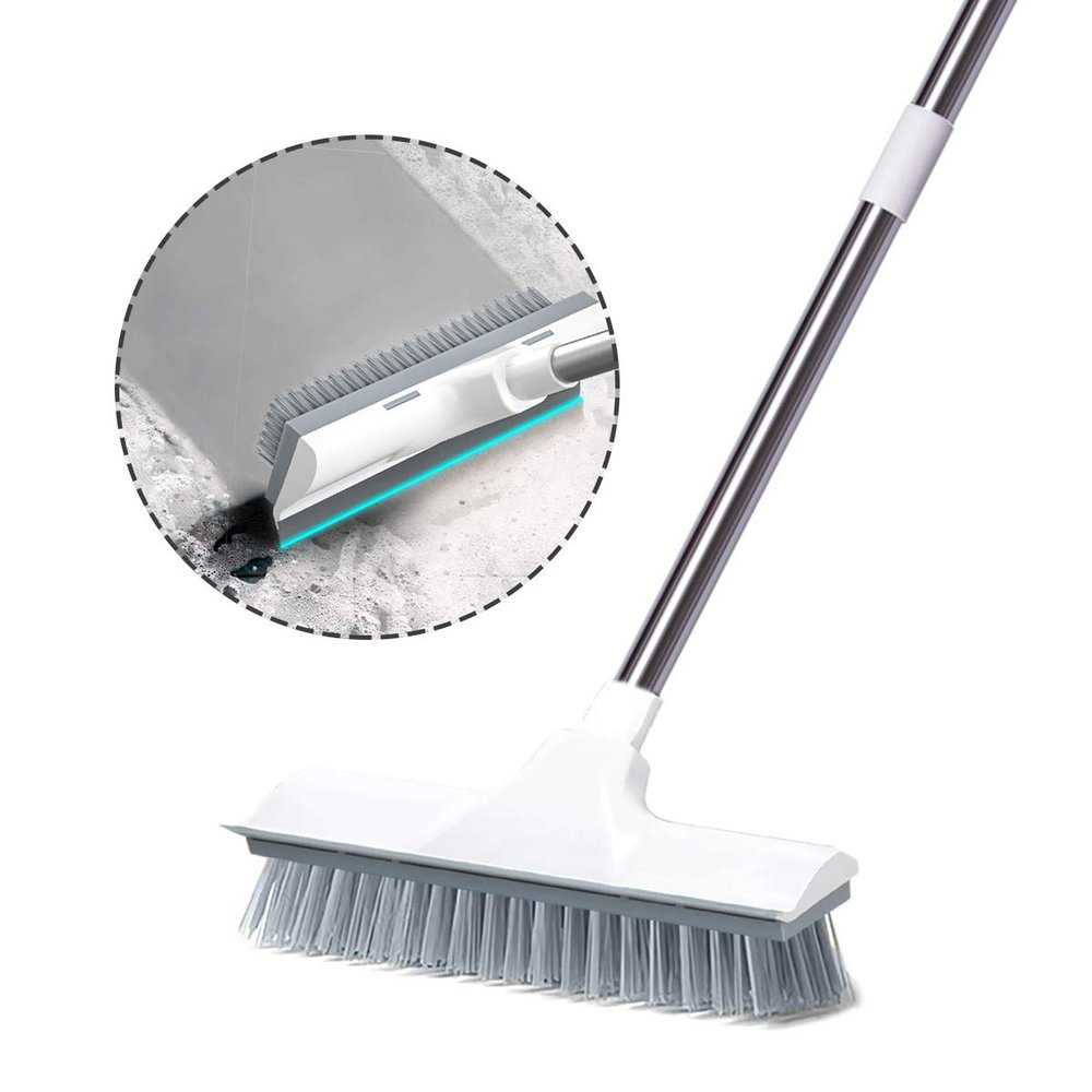 2 in 1 Floor Scrubbing Brush with Long Handle, Heavy Duty Stiff Bristle with Squeegee Shower Cleaning Scrub Brush for Cleaning Kitchen, Bathroom, Patio, Wall and Deck