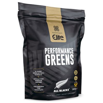 Healthspan Elite All Blacks Performance Greens (300g) | Super Green Extracts | Unflavoured | Add to Shakes or Meals | Includes Spirulina, Kale, Spinach, Broccoli & Pomegranate | Added Actazin | Vegan