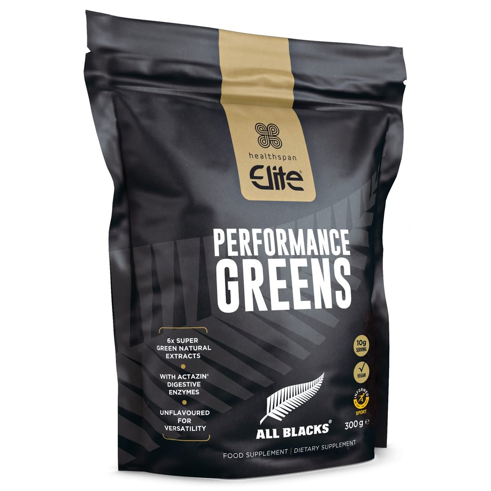Healthspan Elite All Blacks Performance Greens (300g) | Super Green Extracts | Unflavoured | Add to Shakes or Meals | Includes Spirulina, Kale, Spinach, Broccoli & Pomegranate | Added Actazin | Vegan