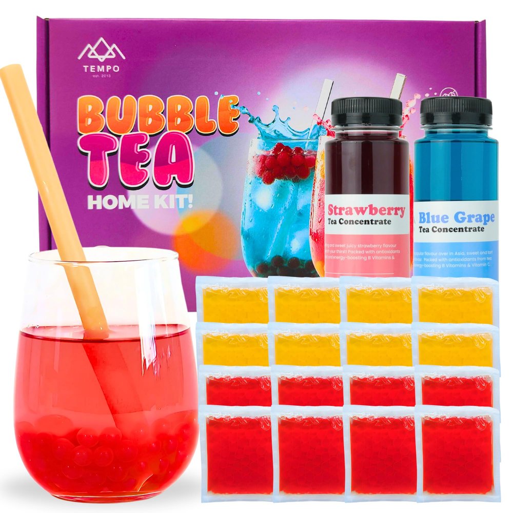 Bubble Tea Kit (Serves 16) - Blue Grape & Strawberry with Mango & Strawberry Popping Boba, Fruit Tea Concentrate, Low Calorie, Low Sugar