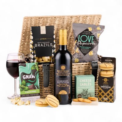 Thornton & France Decadent Delights Hamper with Bottega Cabernet Sauvignon | Luxury Food & Wine Gift Basket with Chocolate, Popcorn & Savoury Treats | Red Wine Gift Set For Christmas