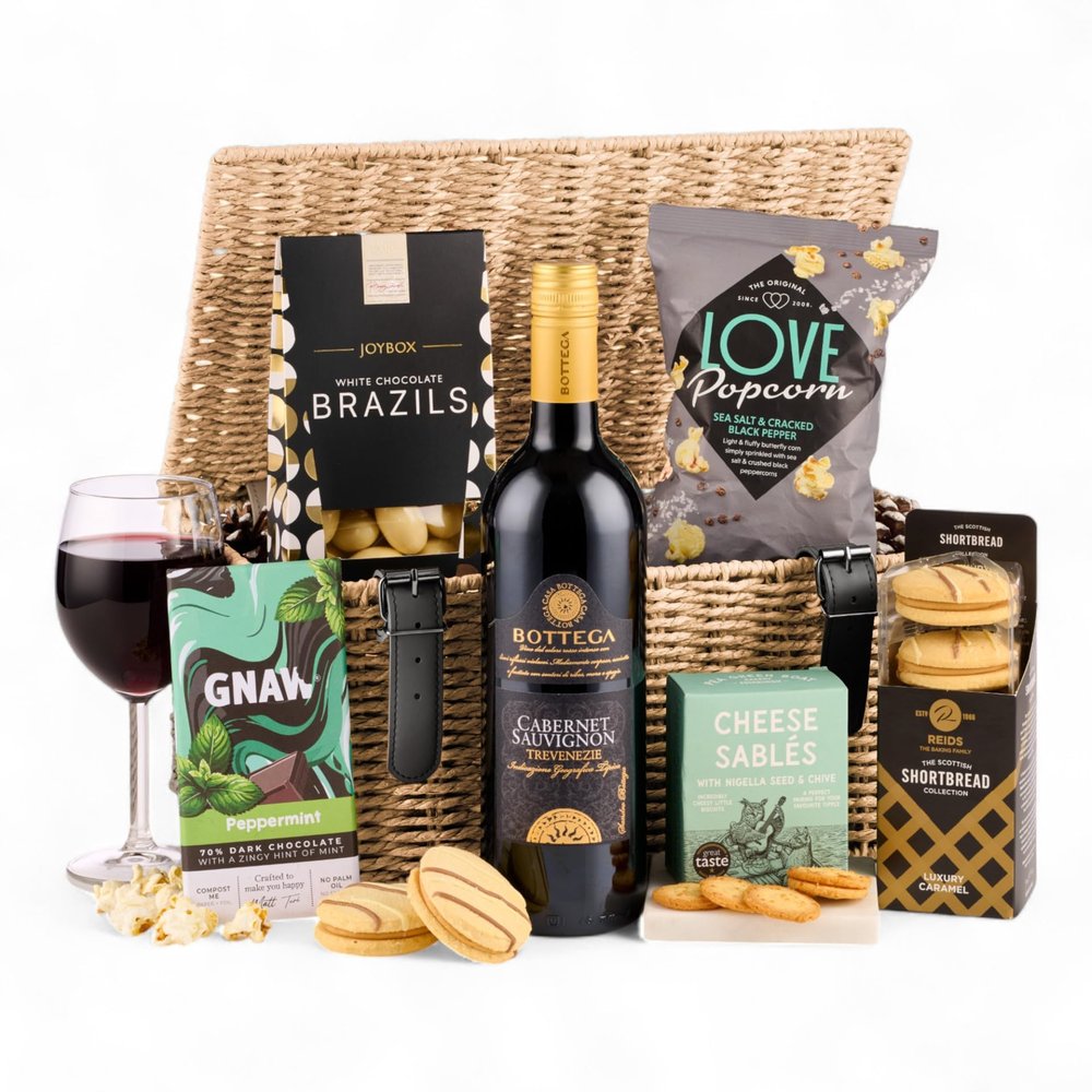 Thornton & France Decadent Delights Hamper with Bottega Cabernet Sauvignon | Luxury Food & Wine Gift Basket with Chocolate, Popcorn & Savoury Treats | Red Wine Gift Set For Christmas