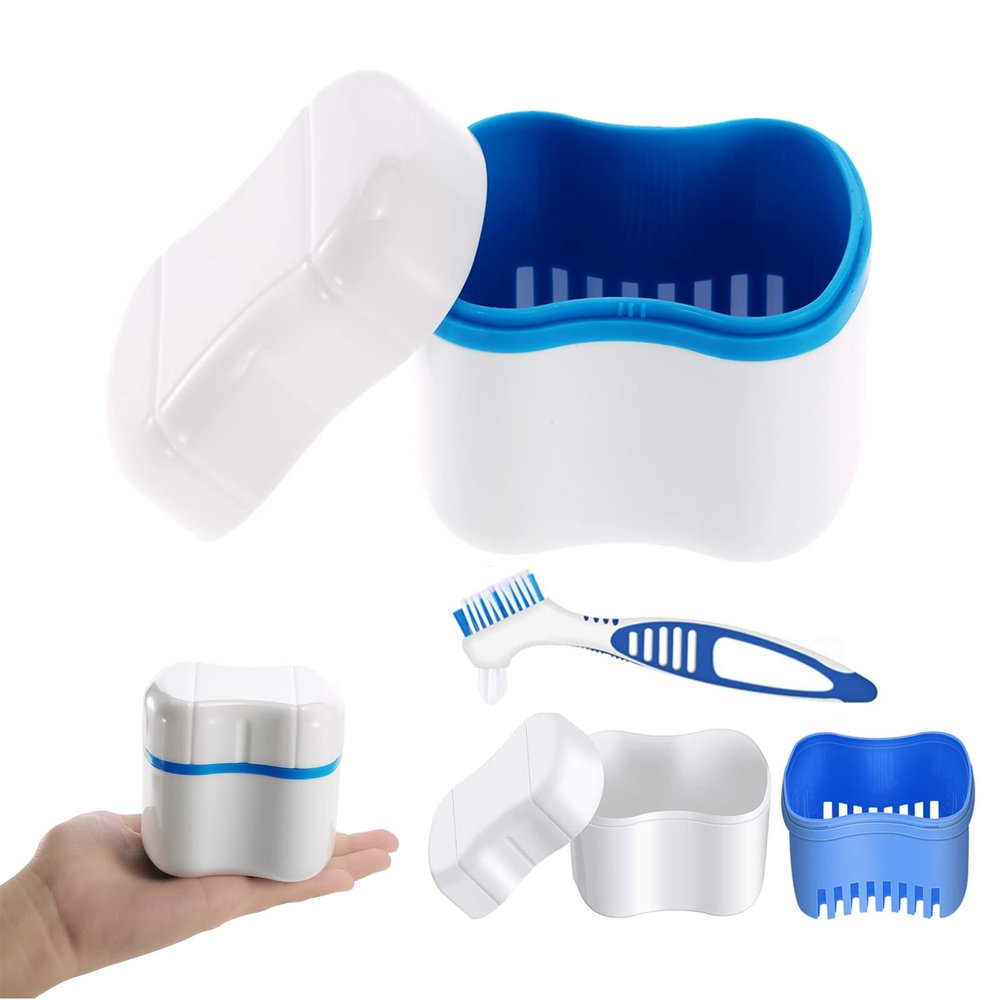 SZXMDKH Denture Bath Case with Cleaner Brush, Blue, Denture Holder, Travel Retainer Cleaning