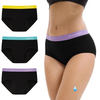 INNERSY Period Pants Black Menstrual Knickers Light Flow Leak Proof Underwear Hipster Panties 3 Pack(18, Colourful Black)
