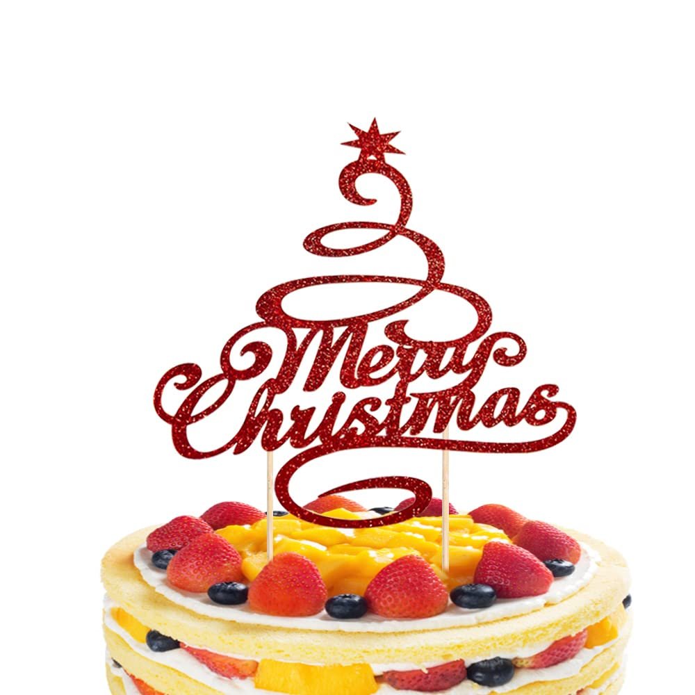 Merry Christmas Cake Topper Red Glitter Christmas Tree Topper Xmas Holiday Cake Picks for Christmas Party Birthday Wedding Decorations By GotGala