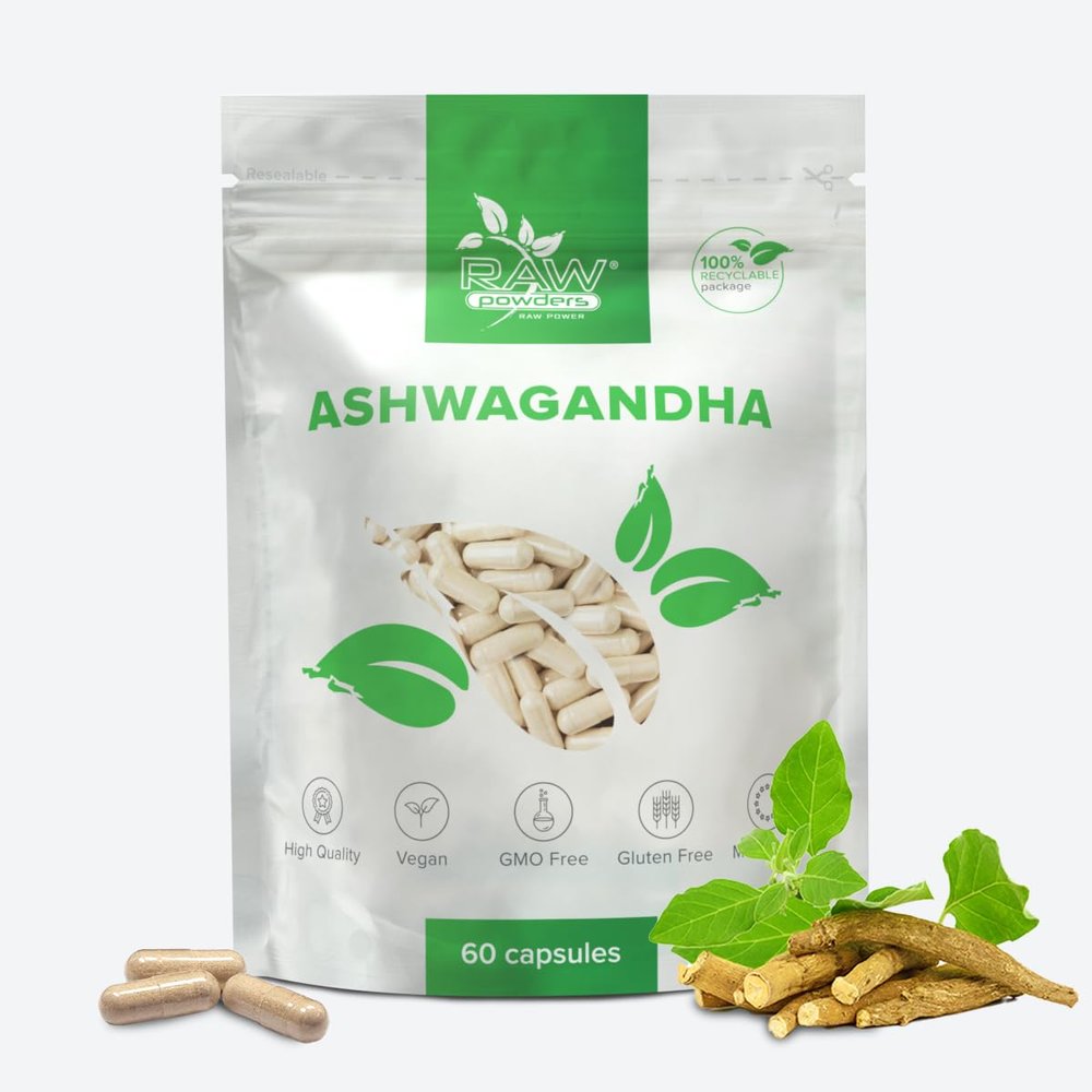 Ashwagandha Extract 500mg, 60 Capsules  Stress & Relaxation Support  Pure Ingredients, GMO & Gluten Free  GMP Certified Adaptogenic Herbal Supplement by Raw Powders