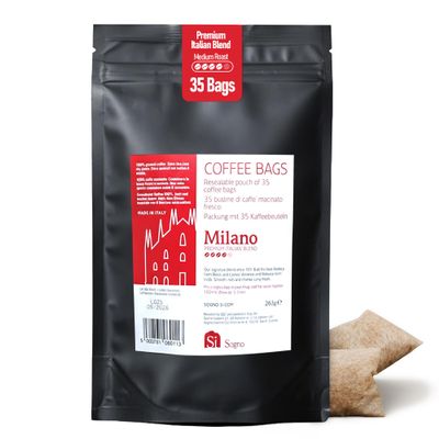 Si Sogno MILANO Freshly Ground Coffee Bags, Italian Artisanal Coffee, Premium Italian Blend, Rich and Smooth (Resealable Pouch of 35 Eco-Friendly Coffee Bags)