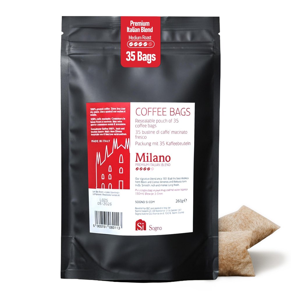 Si Sogno MILANO Freshly Ground Coffee Bags, Italian Artisanal Coffee, Premium Italian Blend, Rich and Smooth (Resealable Pouch of 35 Eco-Friendly Coffee Bags)
