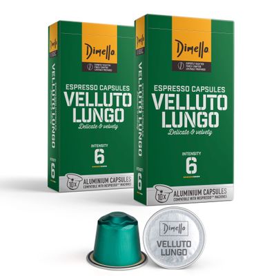 Dimello Velluto Lungo Capsules Compatible with Nespresso (20 Capsules)- Mild & Aromatic Arabica and Robusta - 2x10 Ground Coffee Capsules