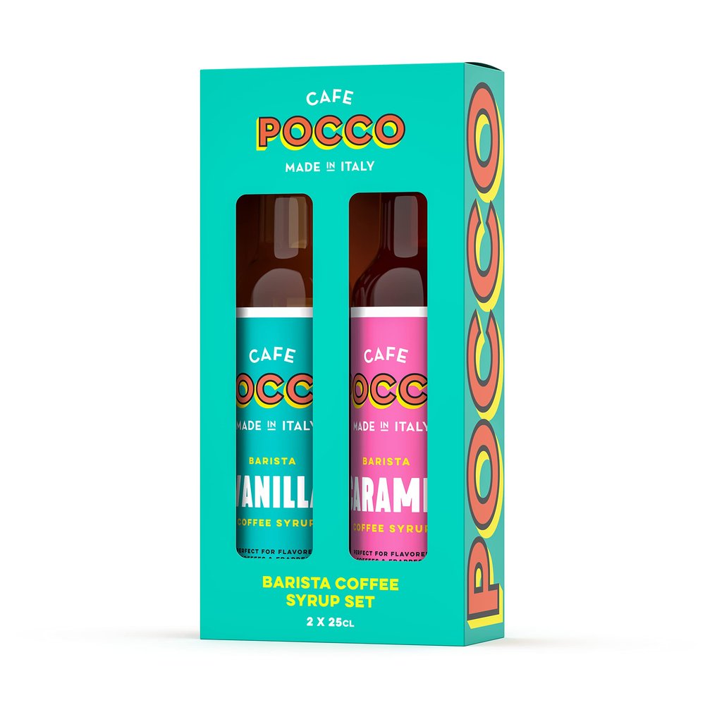Cafe Pocco Coffee Syrup Set - 250ml Glass Bottles - Caramel & Vanilla - Perfect For Making Lattes, Iced Lattes and Frappes