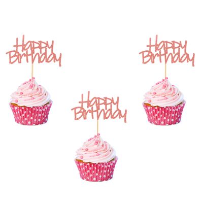 Arthsdite 24pcs Happy Birthday Cupcake Toppers Pre-Assembled Rose Gold Glitter Cake Food Fruit Picks for Celebrating Birthday Party Decoration Supplies