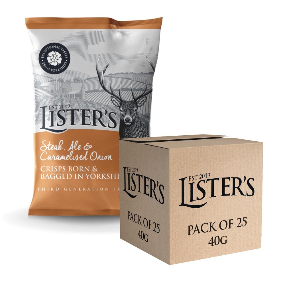 Listers - Steak, Ale & Caramelised Onions - Crisps Multipack, Multipack Crisps, Crisps Share Bag with Steak Seasoning, Crisps Bulk - Vegetarian Potato Snacks - 40g x 25