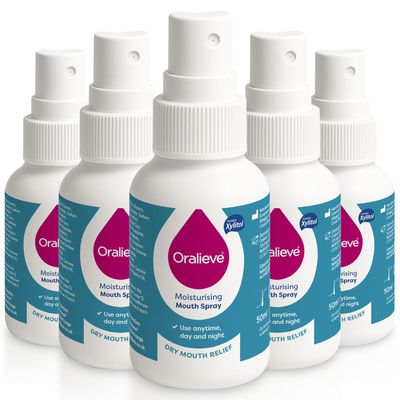 Oralieve Moisturising Dry Mouth Relief Spray (5 x 50ml) with New Pump, Hydrating Relief for Sore, Sensitive Mouths with Xylitol to Protect Teeth - Genuine Oralieve Dry Mouth Spray