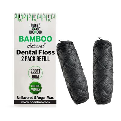 BOONBOO Dental Floss Refill | Bamboo Charcoal Woven Fiber | 2pcs of 100FT/30M - Total 200FT/60M | Natural, Sustainable, Biodegradable (Unflavored)