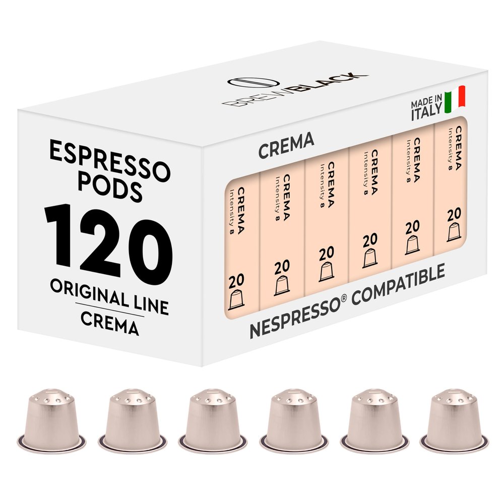 BrewBlack Crema Coffee Capsules - 120 Aluminium Coffee Pods Compatible with Nespresso Original line, Medium Roast - Intensity 8/12, Made in Italy