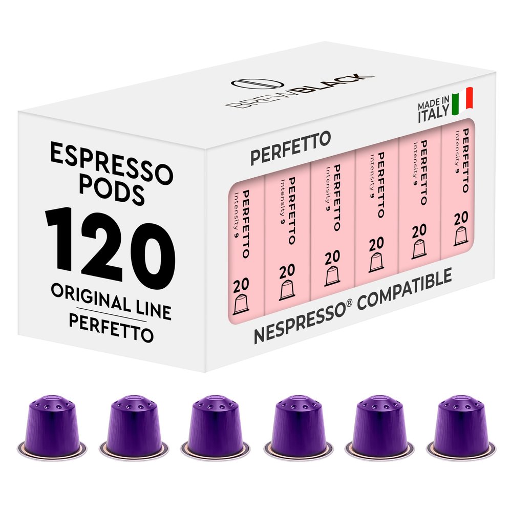 BrewBlack Perfetto Coffee Capsules - 120 Aluminium Coffee Pods Compatible with Nespresso Original line, Medium Roast - Intensity 9/12, Made in Italy