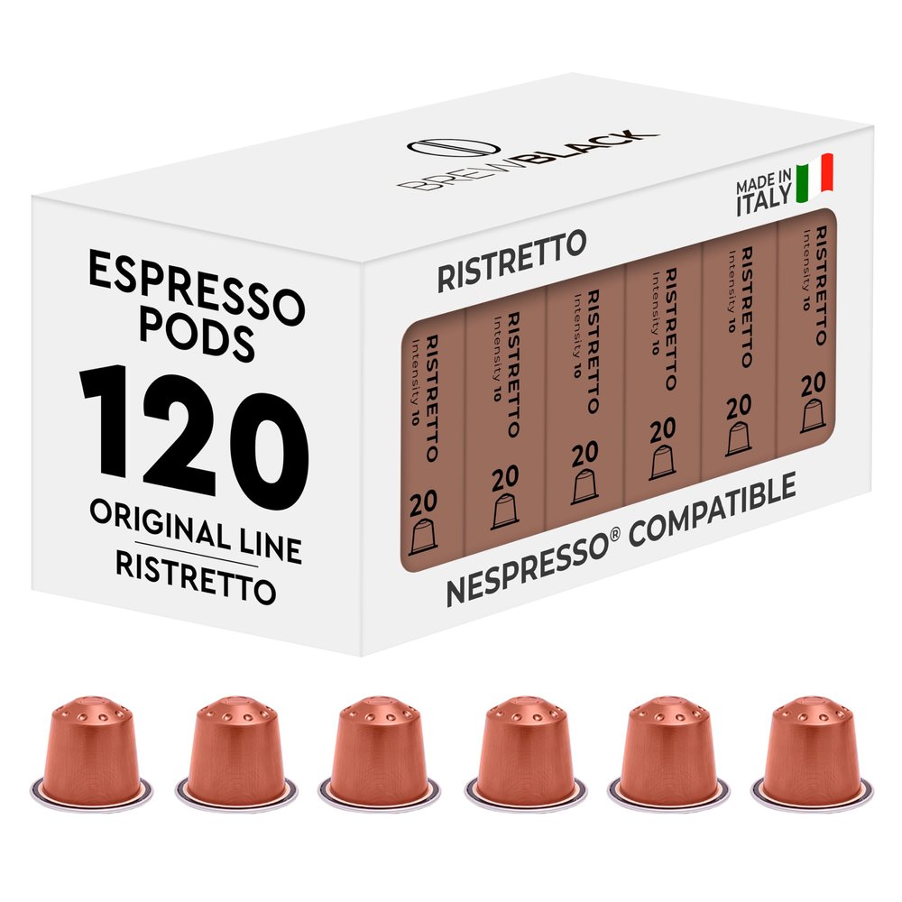 BrewBlack Ristretto Coffee Capsules - 120 Aluminium Coffee Pods Compatible with Nespresso Original line, Medium Roast - Intensity 10/12, Made in Italy
