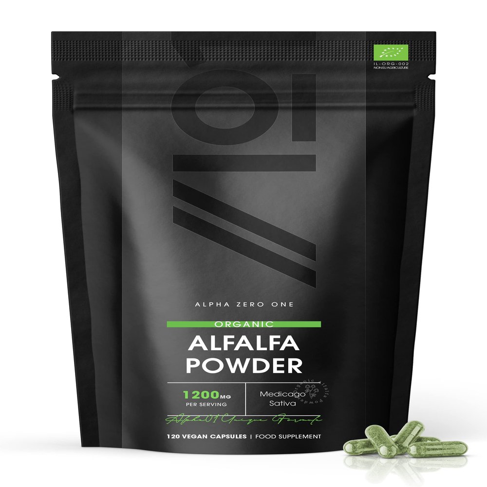 Organic Alfalfa 1200mg - 120 Vegan Capsules (2 Months Supply)  High Strength Alfalfa Supplement  Resealable and Recyclable Pouch  by Alpha01