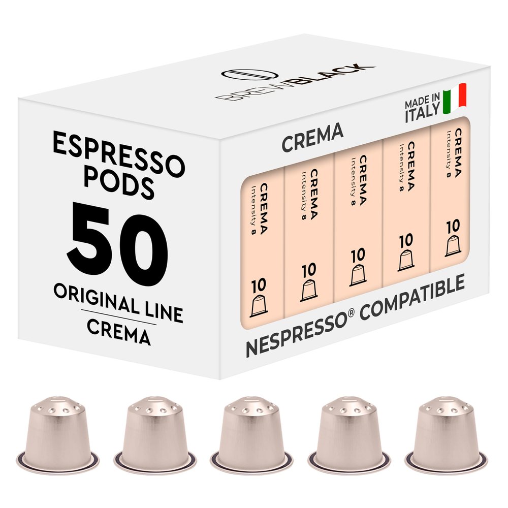 BrewBlack Crema Coffee Capsules - 50 Aluminium Coffee Pods Compatible with Nespresso Original line, Medium Roast - Intensity 8/12, Made in Italy