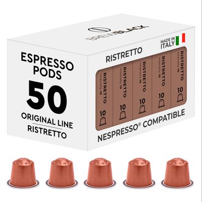 BrewBlack Ristretto Coffee Capsules - 50 Aluminium Coffee Pods Compatible with Nespresso Original line, Medium Roast - Intensity 10/12, Made in Italy