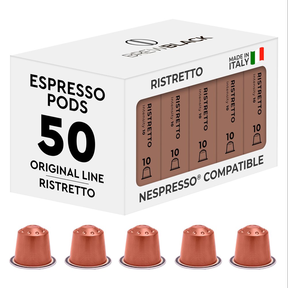 BrewBlack Ristretto Coffee Capsules - 50 Aluminium Coffee Pods Compatible with Nespresso Original line, Medium Roast - Intensity 10/12, Made in Italy