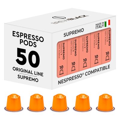 BrewBlack Supremo Coffee Capsules - 50 Aluminium Coffee Pods Compatible with Nespresso Original line, 100% Arabica Medium Roast - Intensity 7/12, Made in Italy