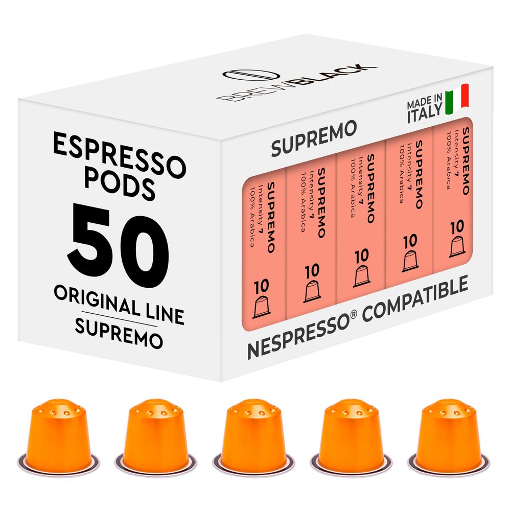 BrewBlack Supremo Coffee Capsules - 50 Aluminium Coffee Pods Compatible with Nespresso Original line, 100% Arabica Medium Roast - Intensity 7/12, Made in Italy