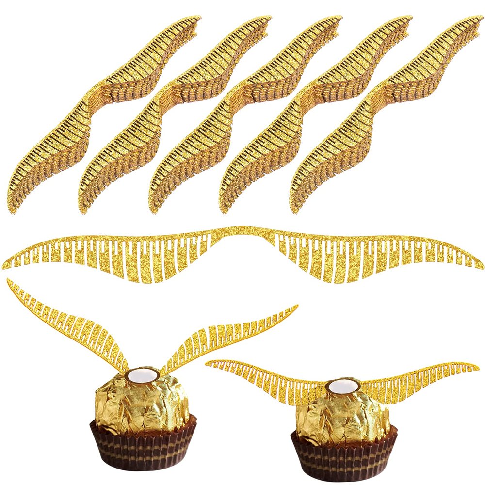 100pcs Golden Wings Chocolate Decorations, Golden Wings Party Decorations for Cupcake Toppers/Chocolate/Cake, Hollowed Wings for Birthday/Party Supplies