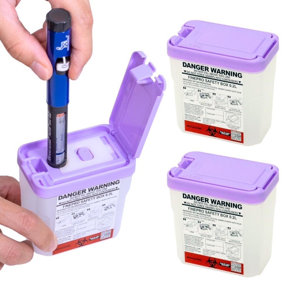 FINEPRO 0.2L Size (Pack of 3) Portable Pen-Needle Disposal Container Diabetes Care (Purple+Clear)