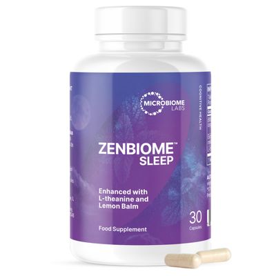 Microbiome Labs ZenBiome Sleep Clinically Studied Bifidobacterium longum 1714 Probiotic Supplement with L-Theanine & Lemon Balm Sleep & Bedtime Support, Shelf-Stable 30 Capsules