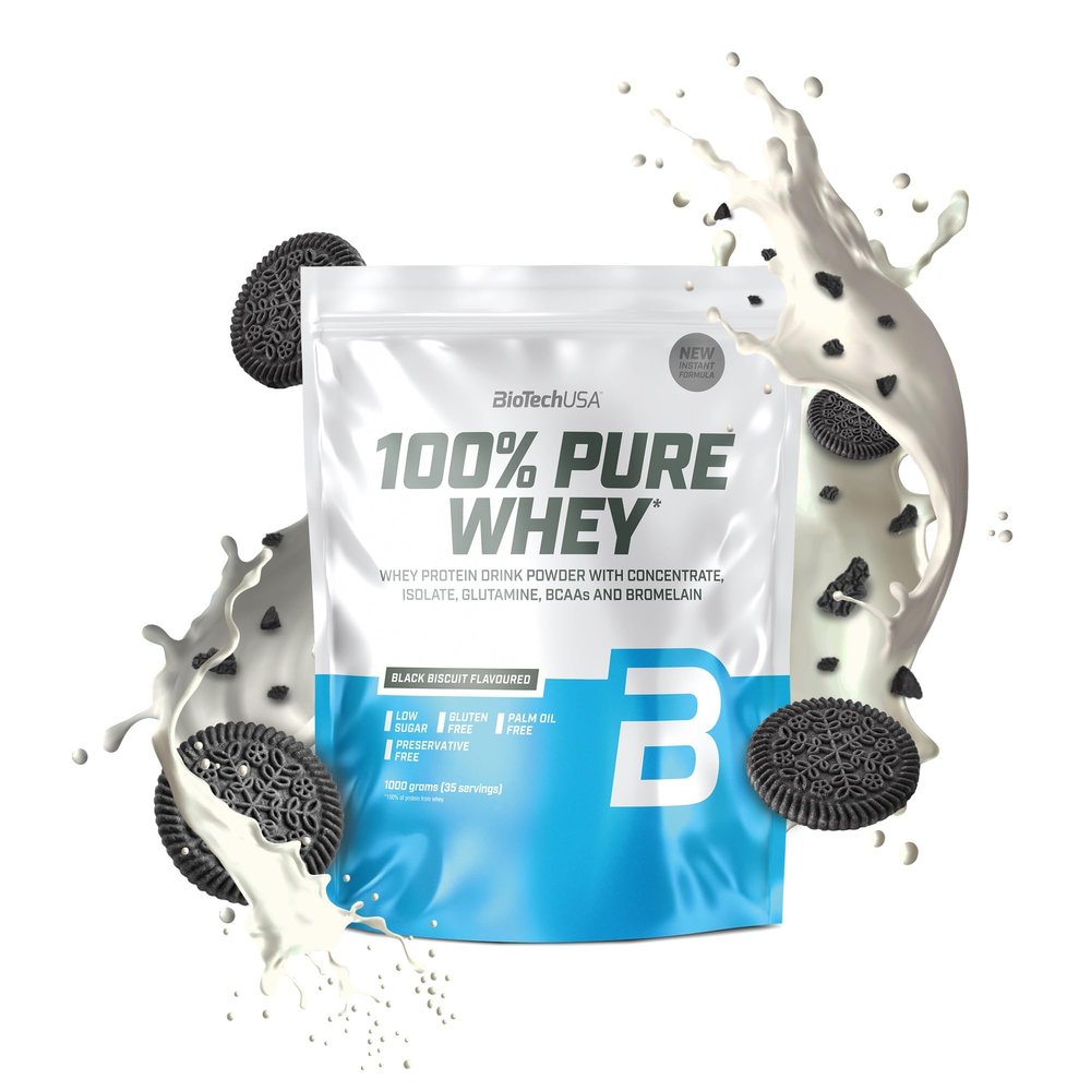 BioTechUSA 100% Pure Whey | Protein Powder with BCAA and Glutamine | Gluten-Free, Palm Oil Free | 21g Protein per Serving, 1 kg, Black Biscuit