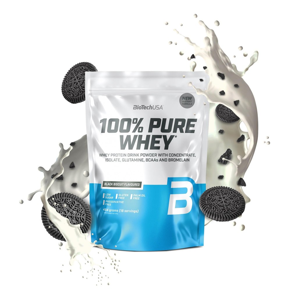 BioTechUSA 100% Pure Whey | Protein Powder with BCAA and Glutamine | Gluten-Free, Palm Oil Free | 21g Protein per Serving, 454 g, Black Biscuit