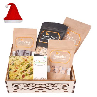 Jaiccha Ghasitaram Christmas Gifts Wooden Carved Basket of Soan Papdi, Butter Chakli, Wheat Puffs, Rice Crispies and Almonds