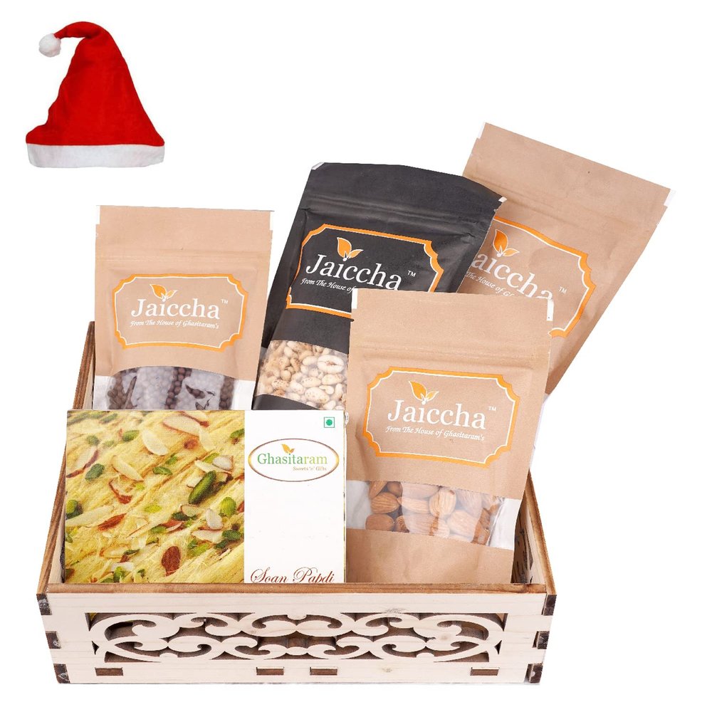 Jaiccha Ghasitaram Christmas Gifts Wooden Carved Basket of Soan Papdi, Butter Chakli, Wheat Puffs, Rice Crispies and Almonds