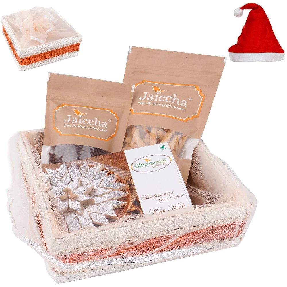 Jaiccha Ghasitaram Christmas Gifts Shaded Jute Potli with Butter Chakli, Rice Crispies and Kaju Katli