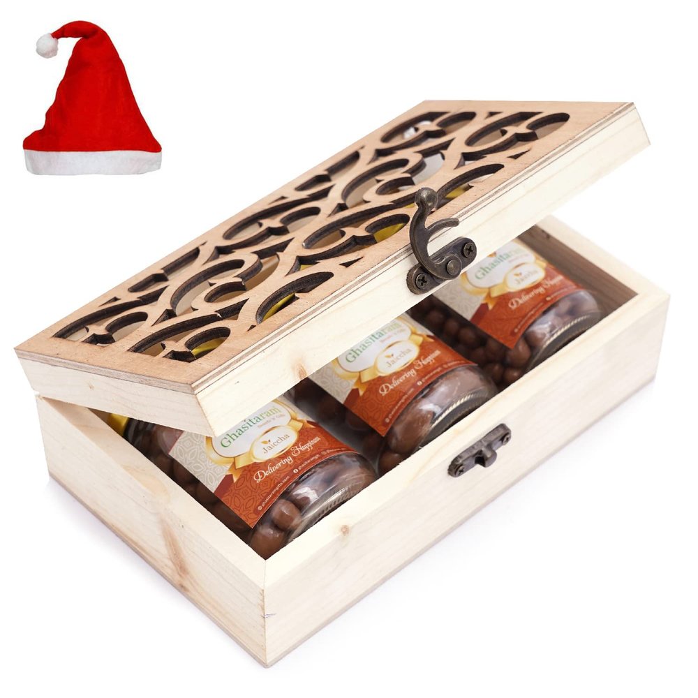 Ghasitaram Gifts Christmas Gifts Natural Wood Carving Box with Chocolate Coated Almond, Chocolate Coated Butterscotch and Chocolate Coated Rasins