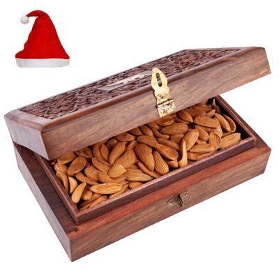 Jaiccha Ghasitaram Christmas Gifts Wooden Craving Jewellery Box with Mamra Almonds