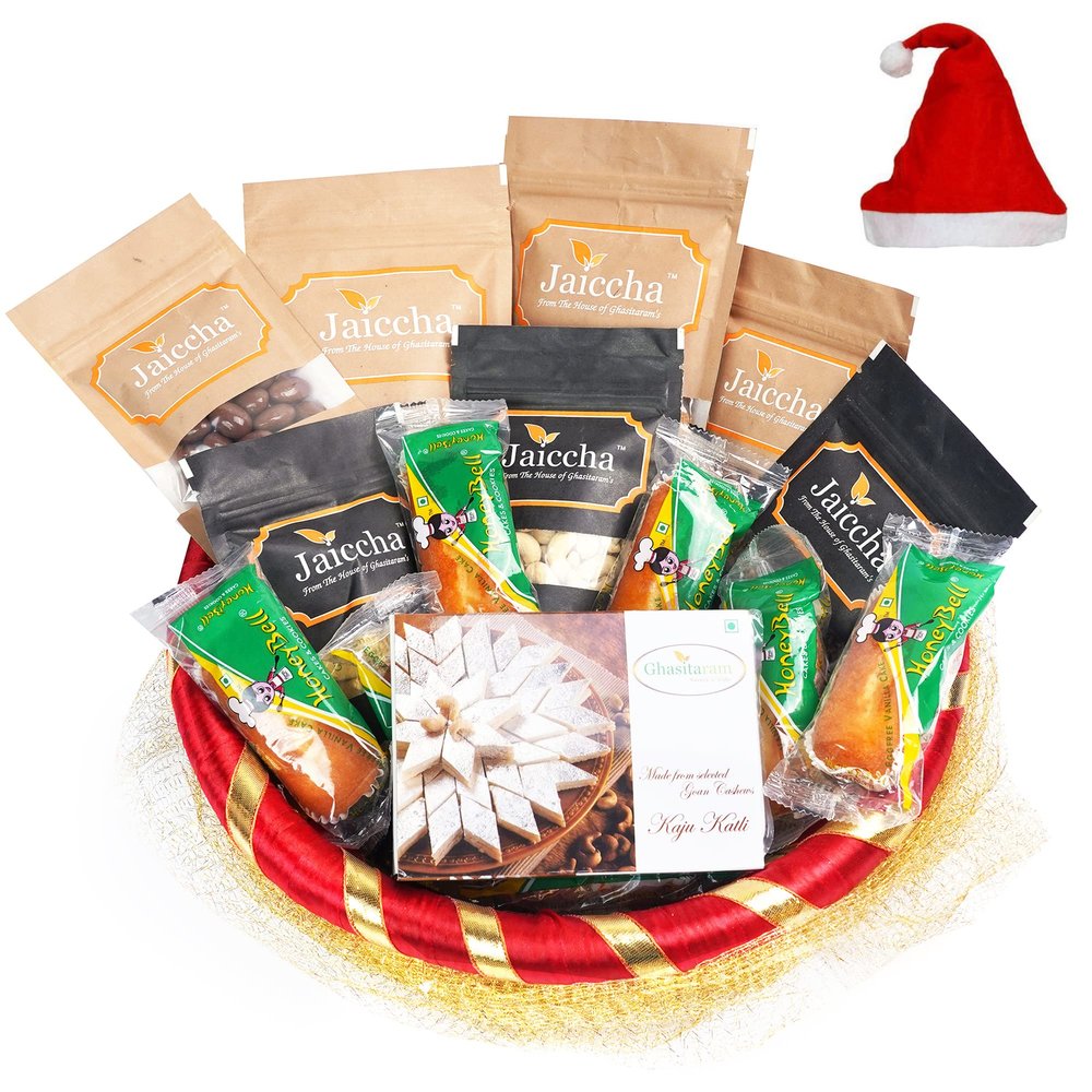 Jaiccha Ghasitaram Christmas Gifts Golden Net Basket Hamper of 18 Goodies