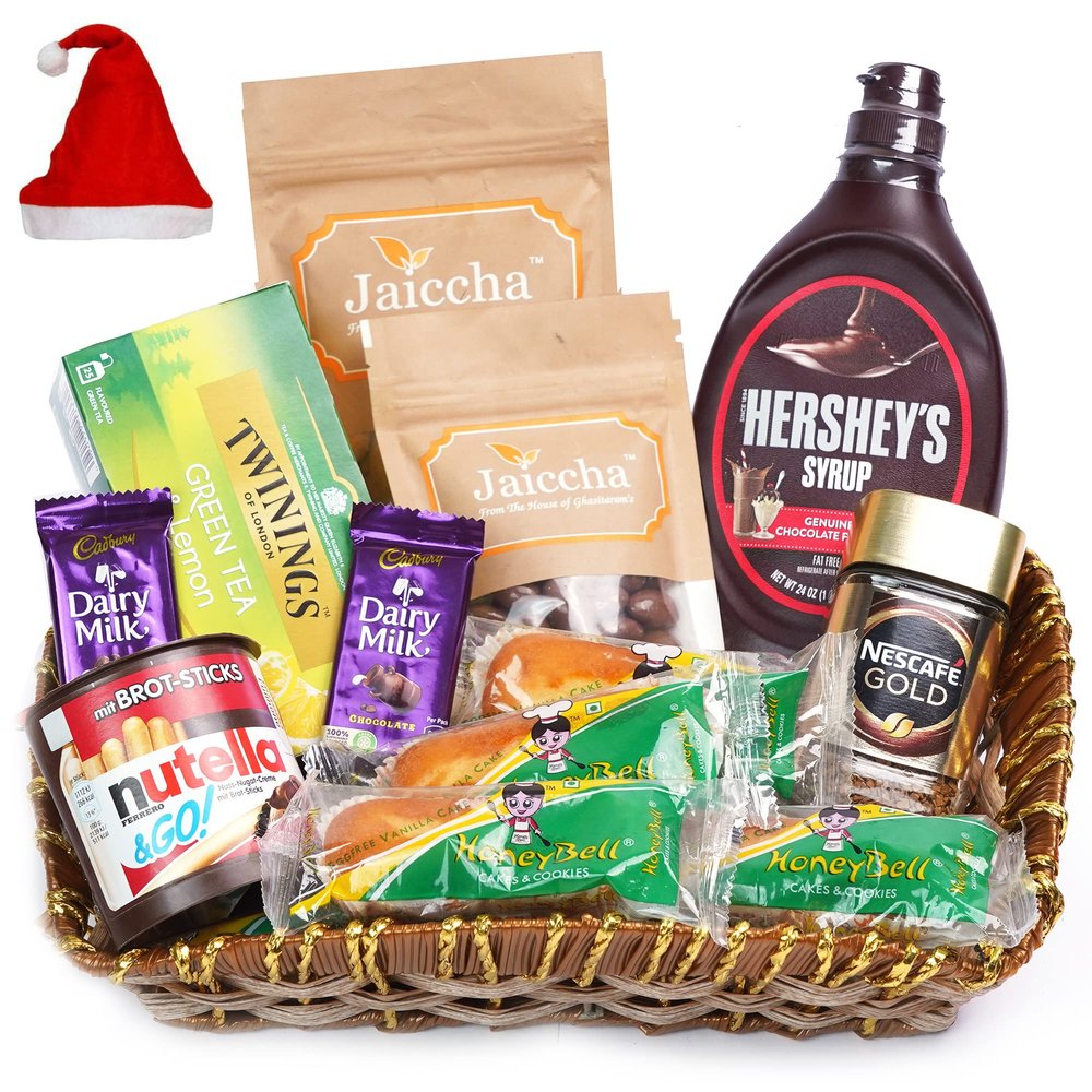 Jaiccha Ghasitaram Christmas Gifts Brown Cane Like Basket Hamper of 18 Goodies