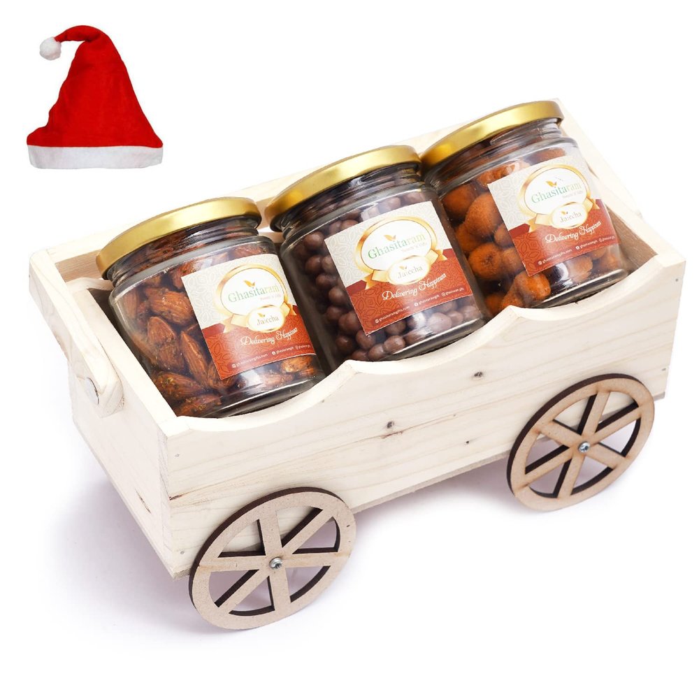 Ghasitaram Gifts Christmas Gifts Natural Wooden Cart with Chocolate Coated Butterscotch, Crunchy Coated Cashews and Peri Peri Almonds Jars