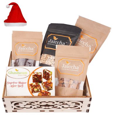 Jaiccha Ghasitaram Christmas Gifts Wooden Carved Basket of Sugarfree Mix, Butter Chakli, Wheat Puffs, Rice Crispies and Almonds