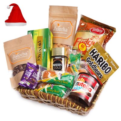 Jaiccha Ghasitaram Christmas Gifts Brown Cane Like Basket Hamper of 20 Goodies
