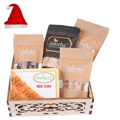 Jaiccha Ghasitaram Christmas Gifts Wooden Carved Basket of Milk Cake, Butter Chakli, Wheat Puffs, Rice Crispies and Almonds