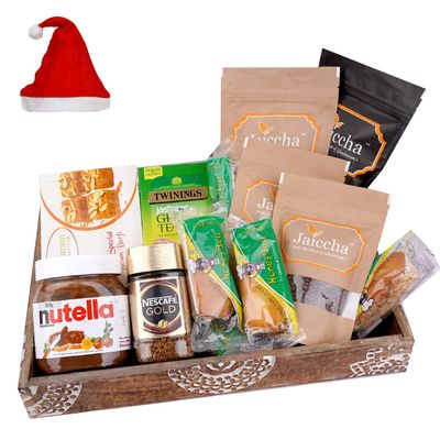 Jaiccha Ghasitaram Christmas Gifts Wooden Tray Hamper with Besan Barfis